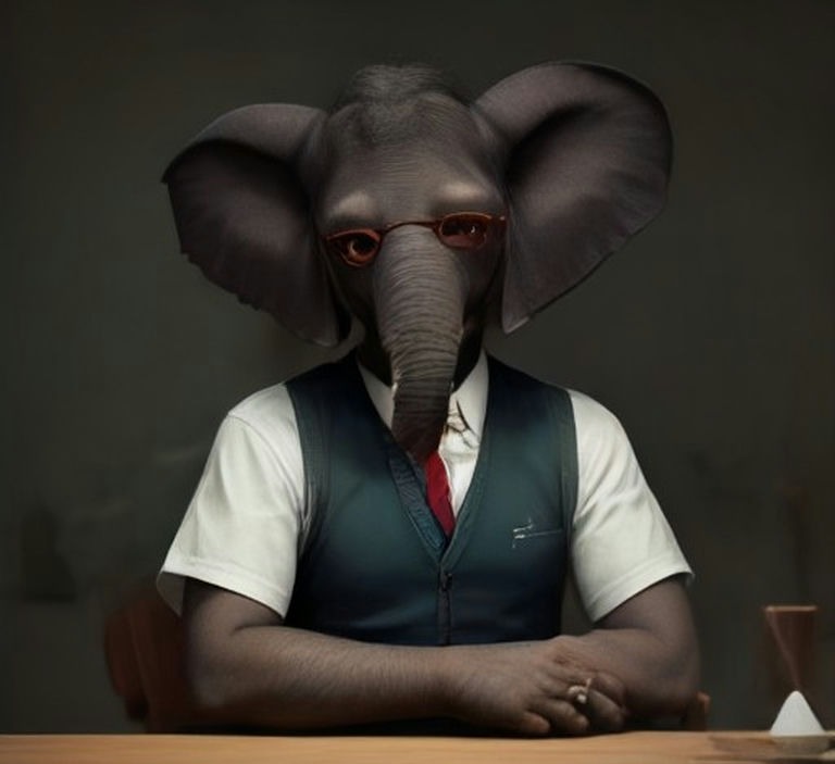 Tiny, the File US Taxes mascot, an elephant accountant working at a desk